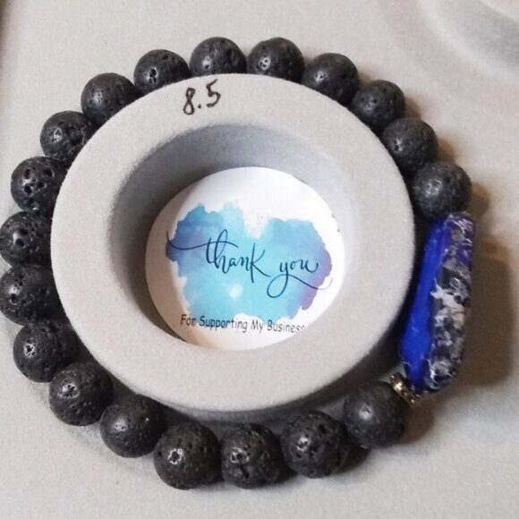 Blue Sea Sediment Jasper + Lava Beads Bracelet - Large Men's Bracelet 8.5" Wrist - Picture 8 of 11